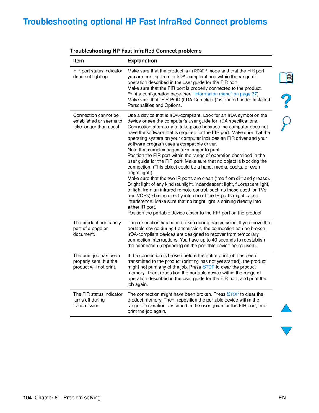 HP 4100 mfp manual Troubleshooting optional HP Fast InfraRed Connect problems 