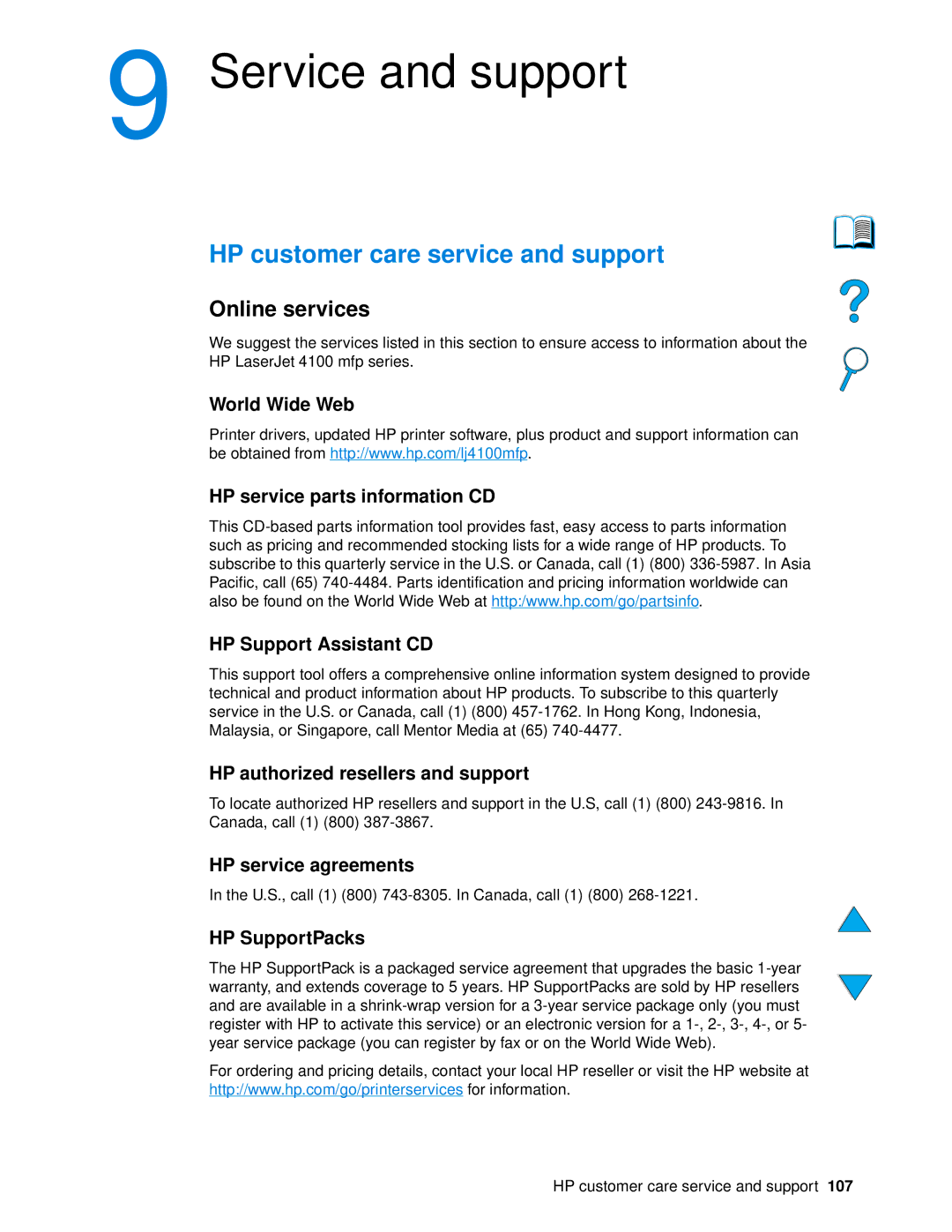 HP 4100 mfp manual Service and support, HP customer care service and support, Online services 