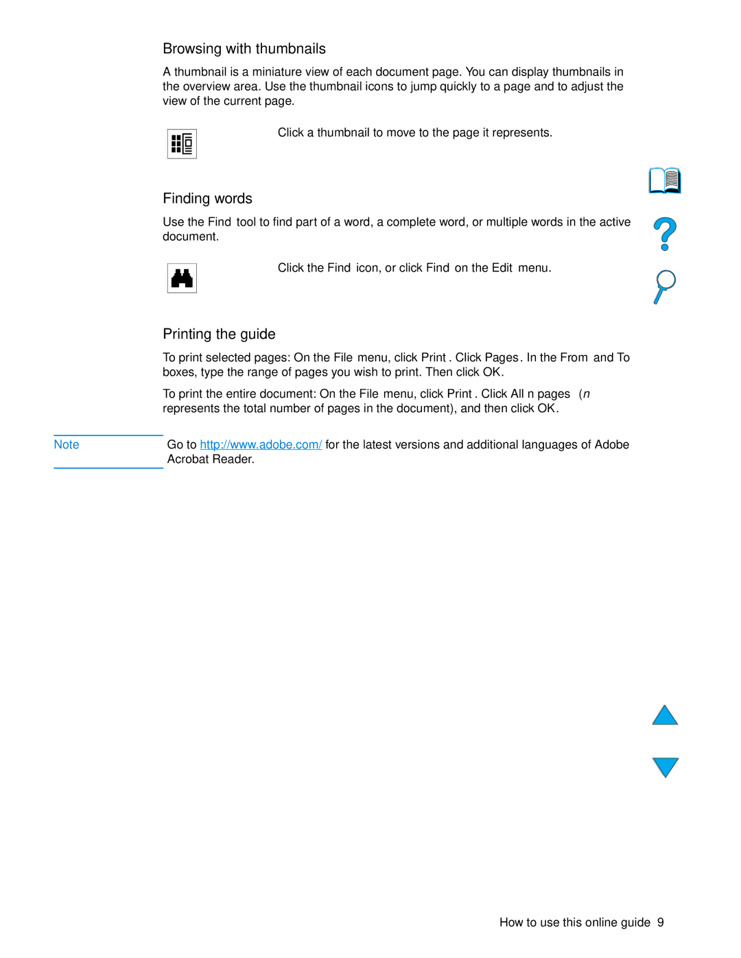 HP 4100 mfp manual Browsing with thumbnails, Finding words, Printing the guide 