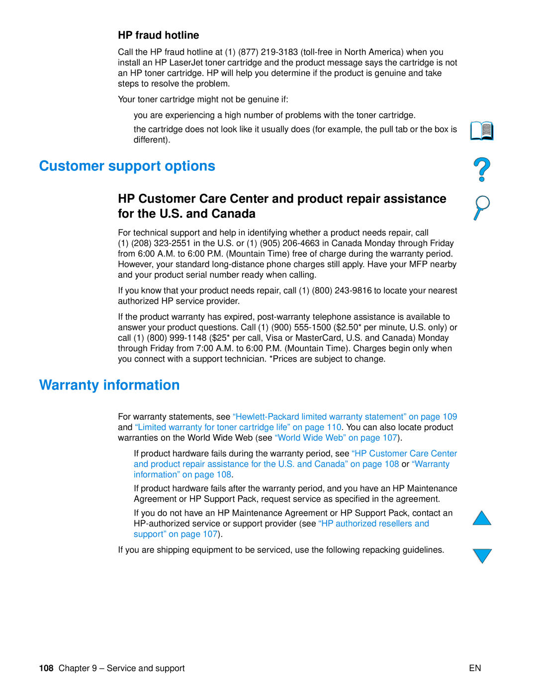 HP 4100 mfp manual Customer support options, Warranty information, HP fraud hotline 