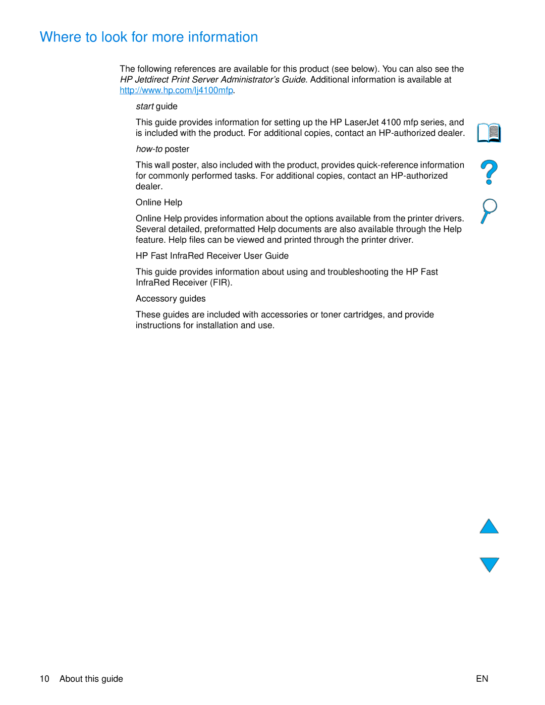 HP 4100 mfp manual Where to look for more information, Start guide 