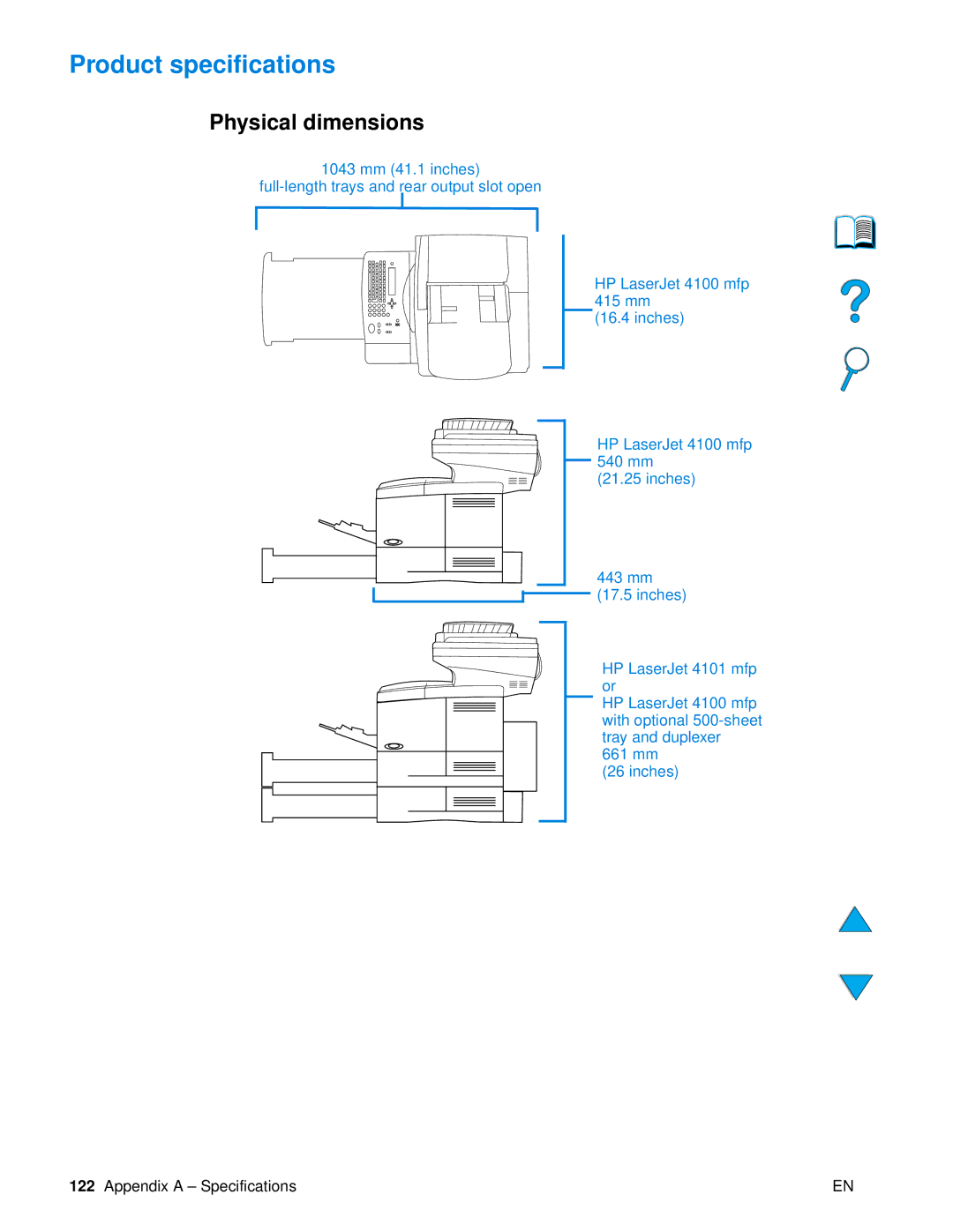 HP 4100 mfp manual Product specifications, Physical dimensions 