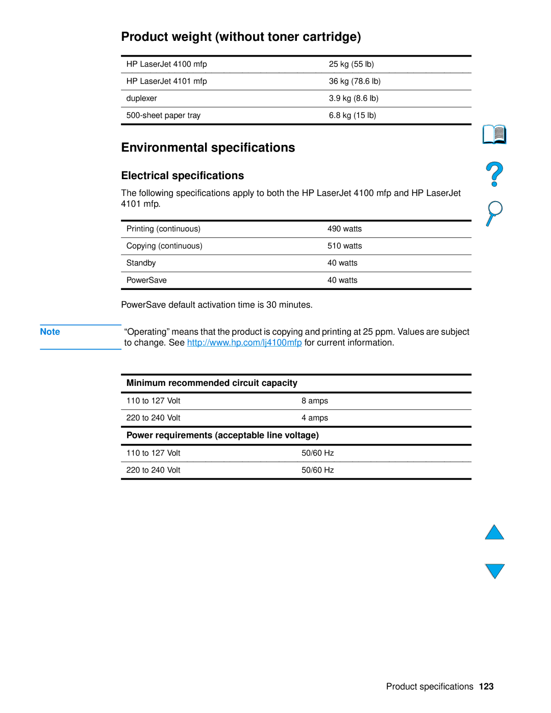 HP 4100 mfp manual Product weight without toner cartridge, Environmental specifications, Electrical specifications 