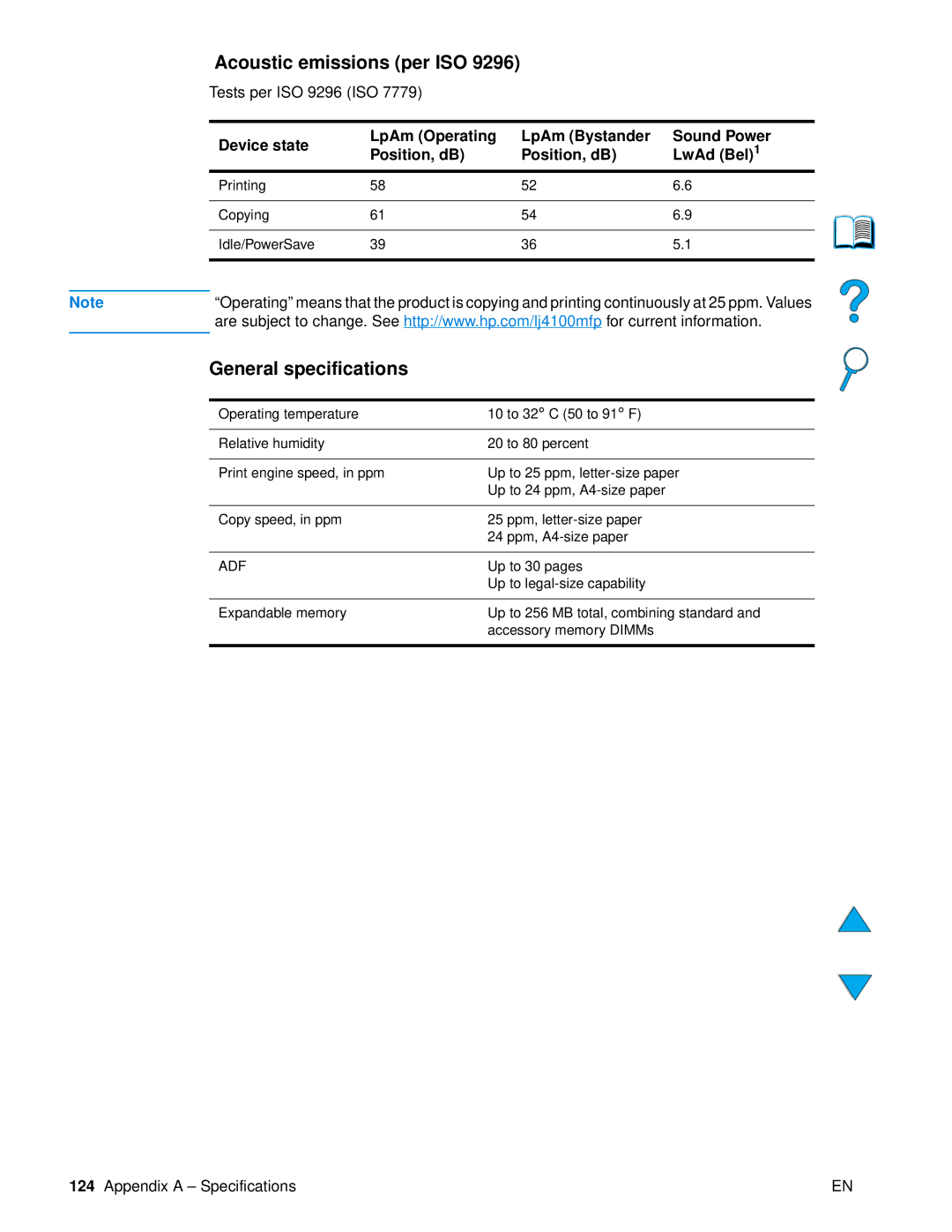 HP 4100 mfp manual Acoustic emissions per ISO, General specifications 