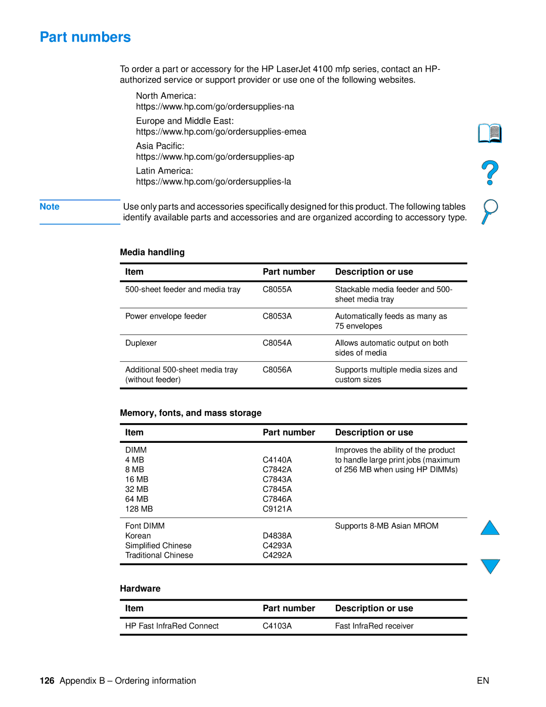 HP 4100 mfp manual Part numbers, Media handling Part number Description or use, Hardware Part number Description or use 