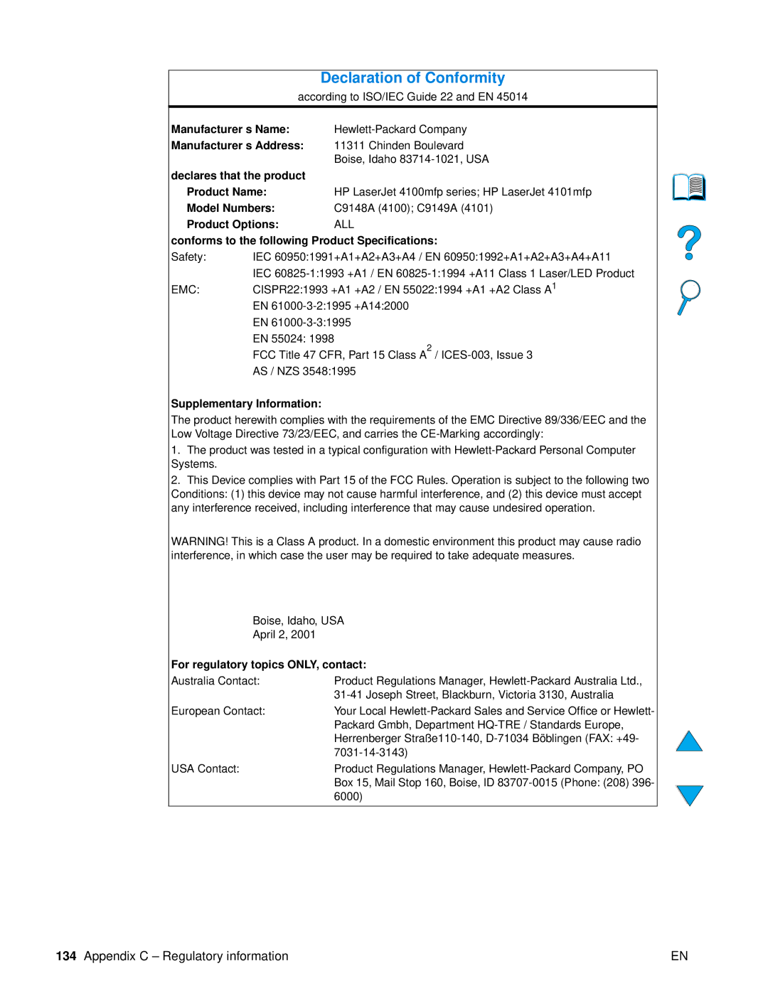 HP 4100 mfp manual Declaration of Conformity 