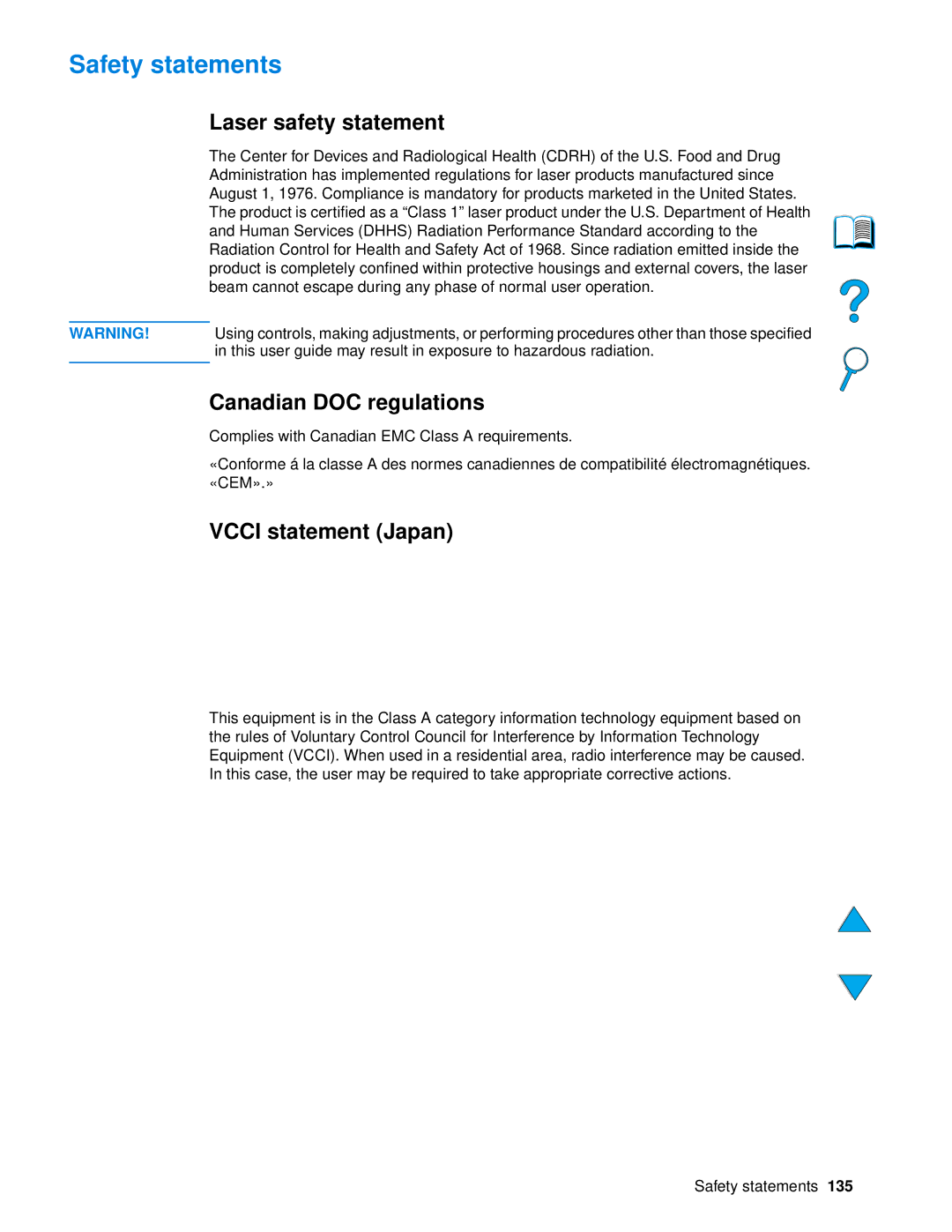 HP 4100 mfp manual Safety statements, Laser safety statement, Canadian DOC regulations, Vcci statement Japan 