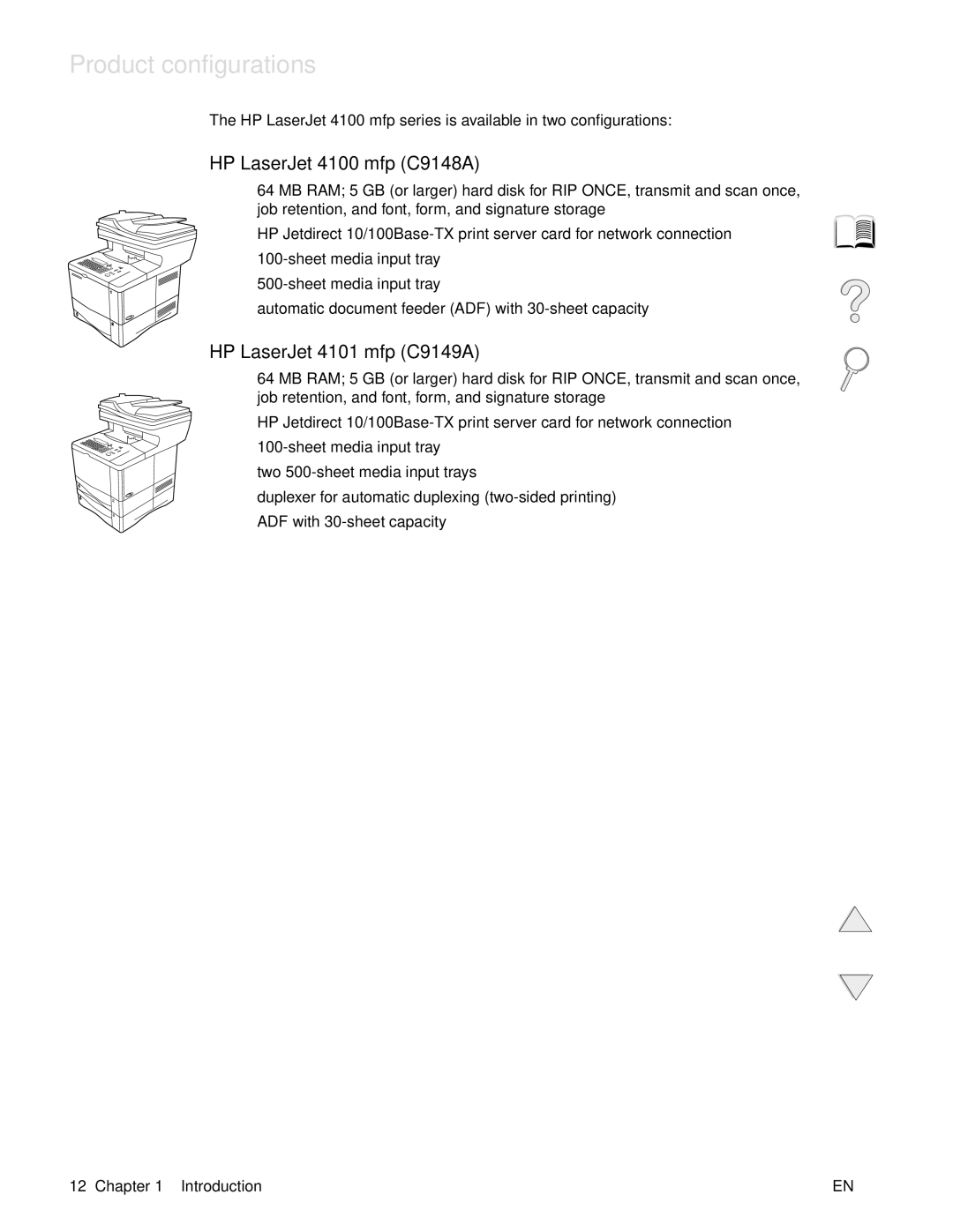 HP manual Product configurations, HP LaserJet 4100 mfp C9148A, HP LaserJet 4101 mfp C9149A 