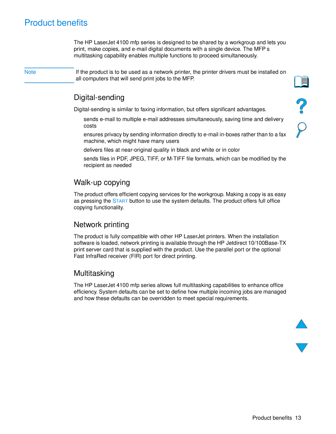 HP 4100 mfp manual Product benefits, Digital-sending, Walk-up copying, Network printing, Multitasking 