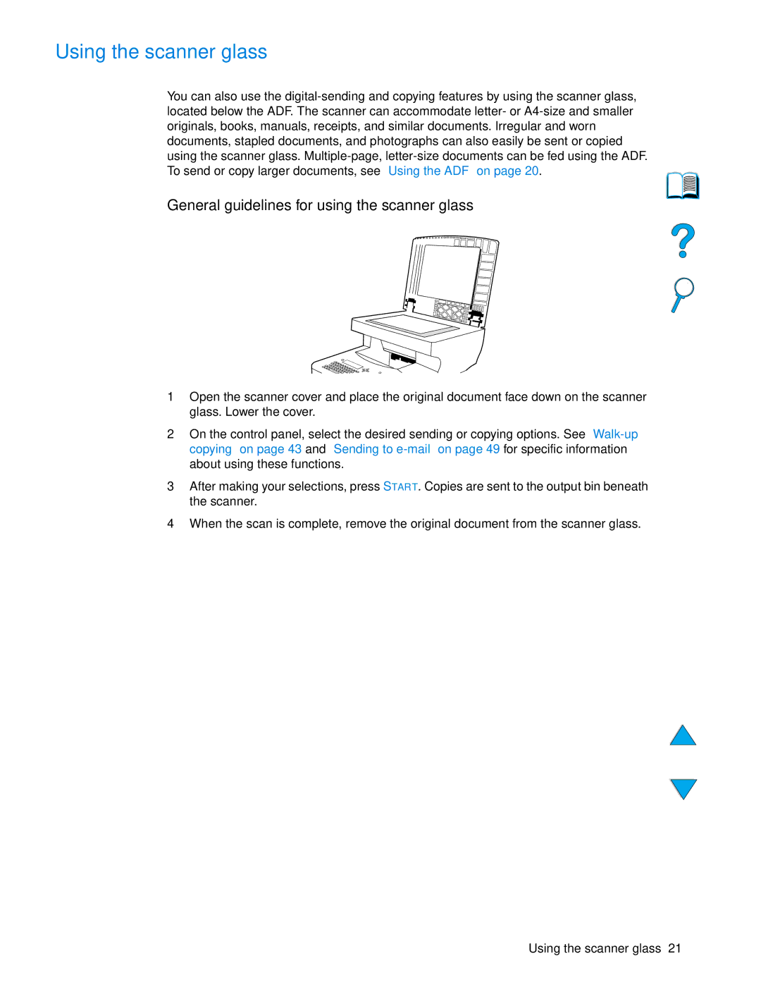 HP 4100 mfp manual Using the scanner glass, General guidelines for using the scanner glass 