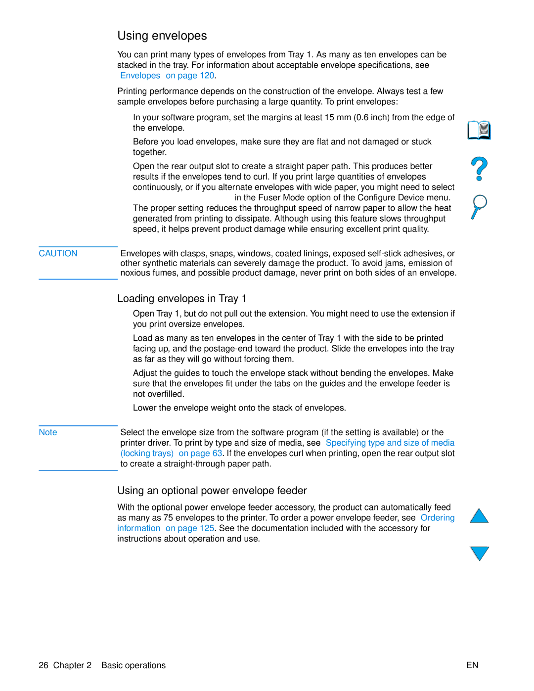 HP 4100 mfp manual Using envelopes, Loading envelopes in Tray, Using an optional power envelope feeder 