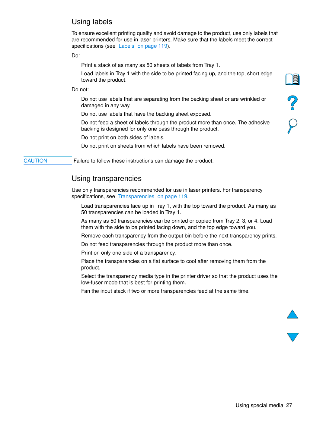 HP 4100 mfp manual Using labels, Using transparencies, Do not 