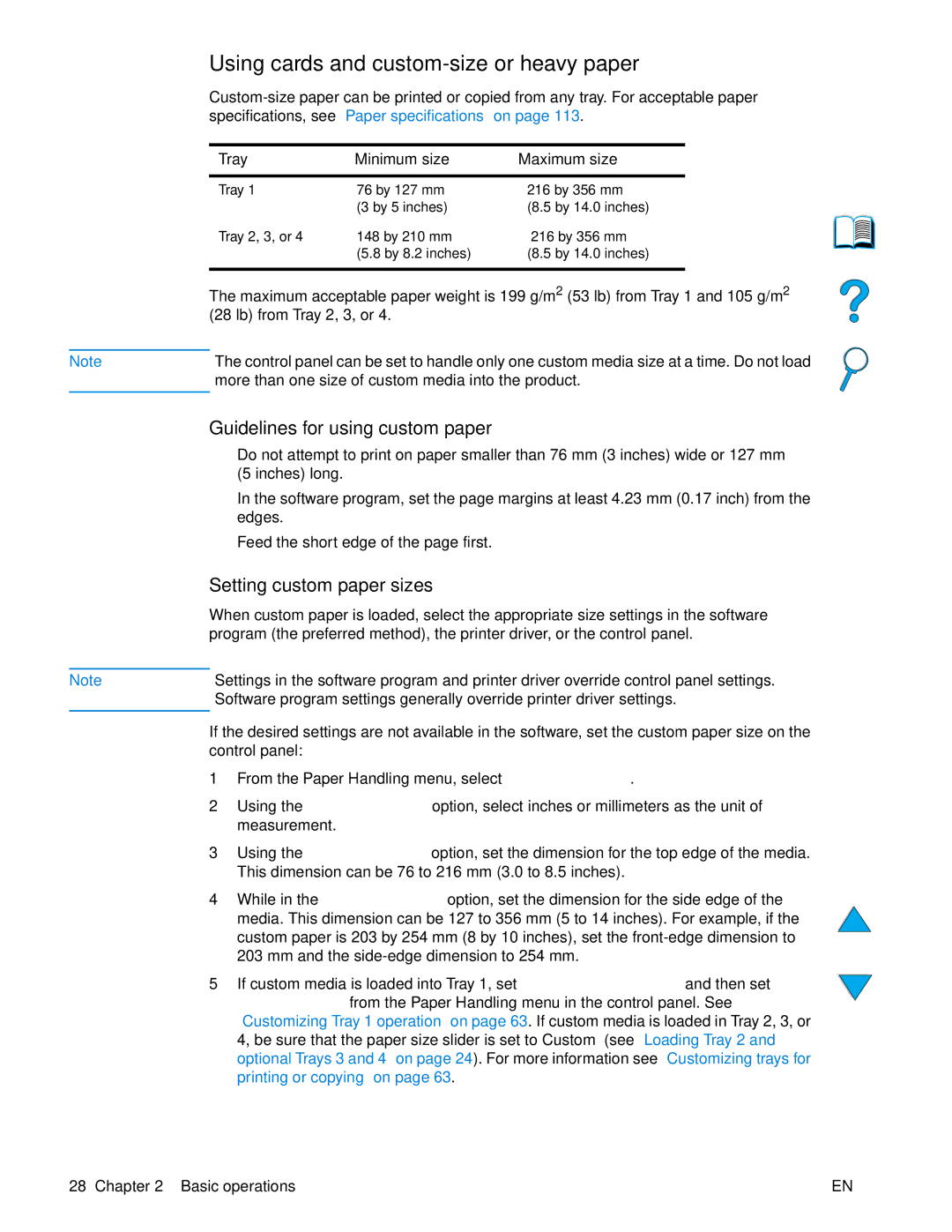 HP 4100 mfp Using cards and custom-size or heavy paper, Guidelines for using custom paper, Setting custom paper sizes 