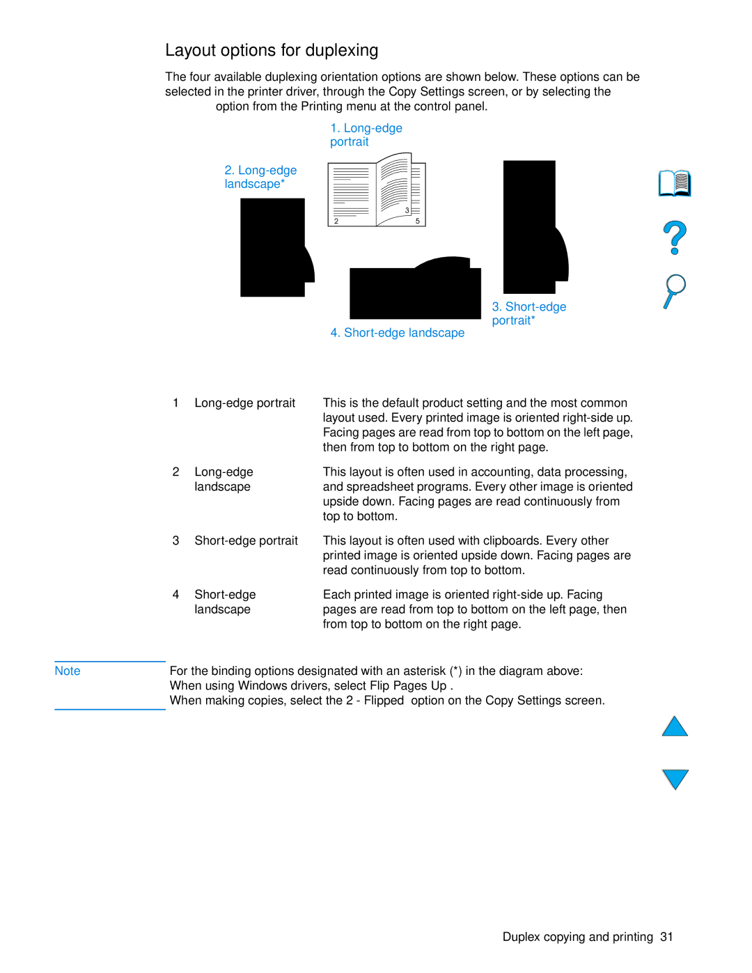 HP 4100 mfp manual Layout options for duplexing 