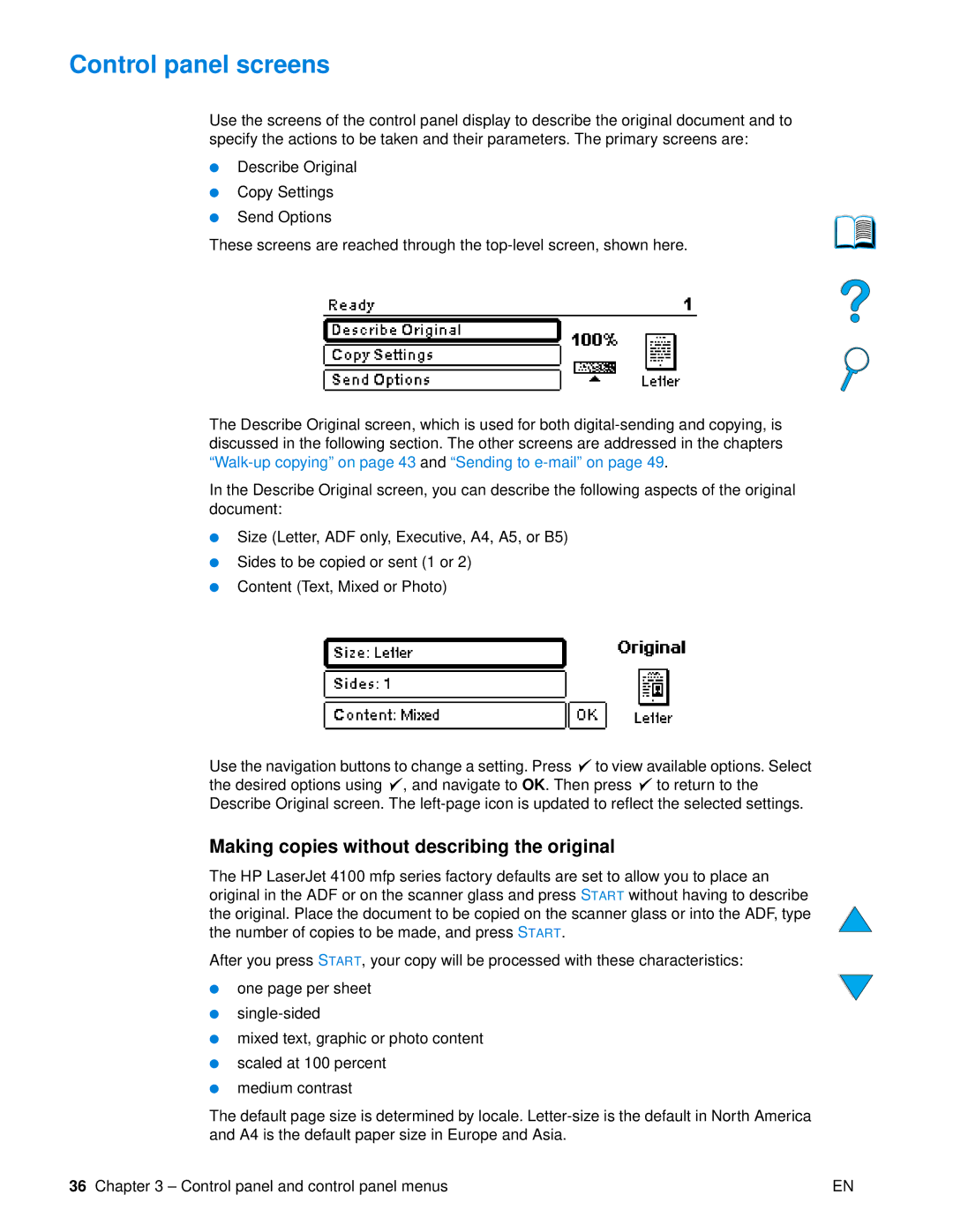 HP 4100 mfp manual Control panel screens, Making copies without describing the original 