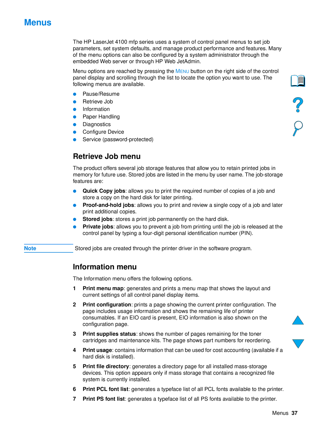 HP 4100 mfp manual Menus, Retrieve Job menu, Information menu 