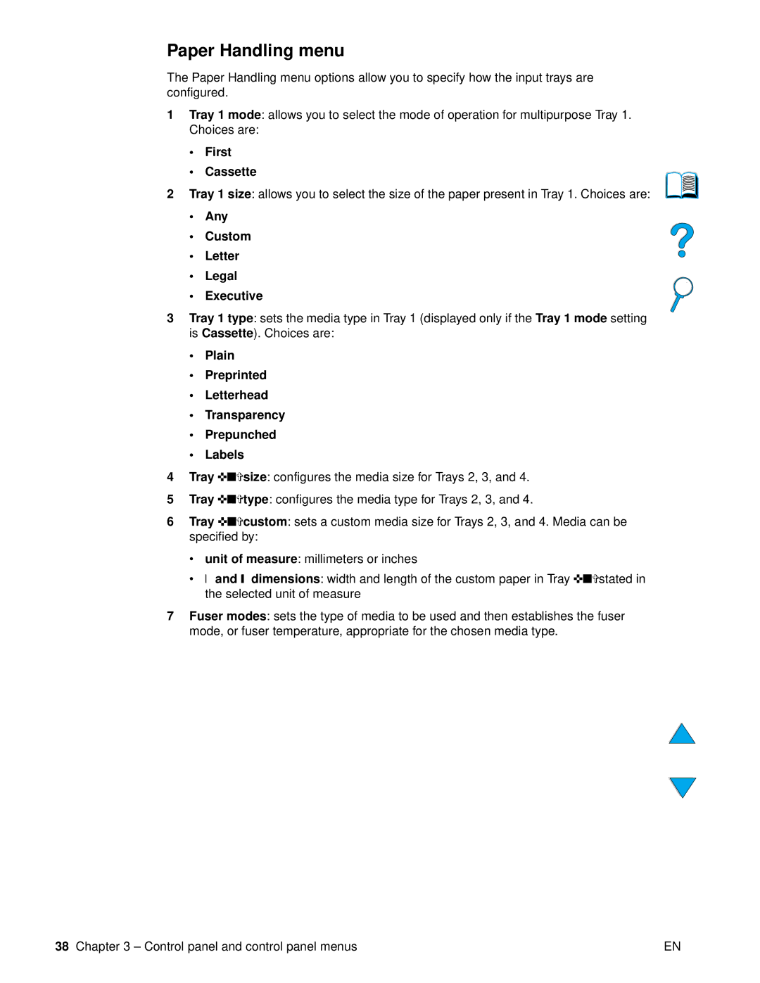 HP 4100 mfp manual Paper Handling menu, First Cassette, Any Custom Letter Legal Executive 