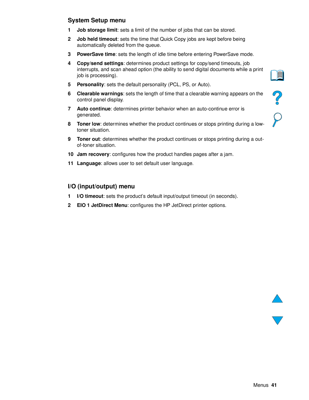 HP 4100 mfp manual System Setup menu, Input/output menu 