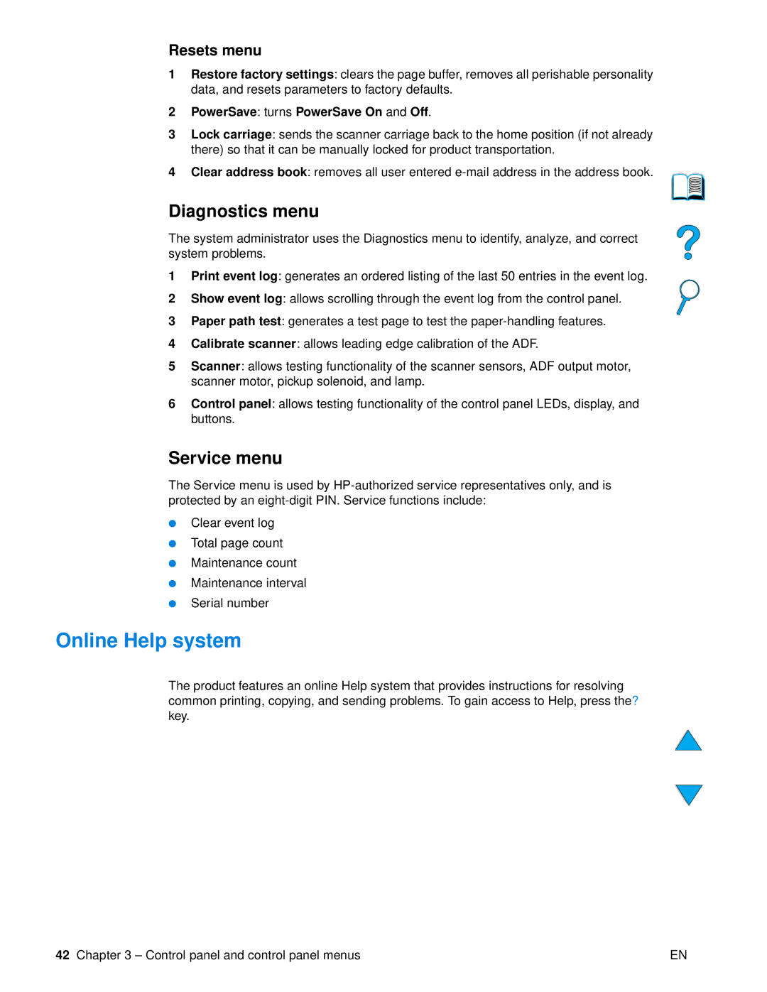 HP 4100 mfp manual Online Help system, Diagnostics menu, Service menu, Resets menu, PowerSave turns PowerSave On and Off 