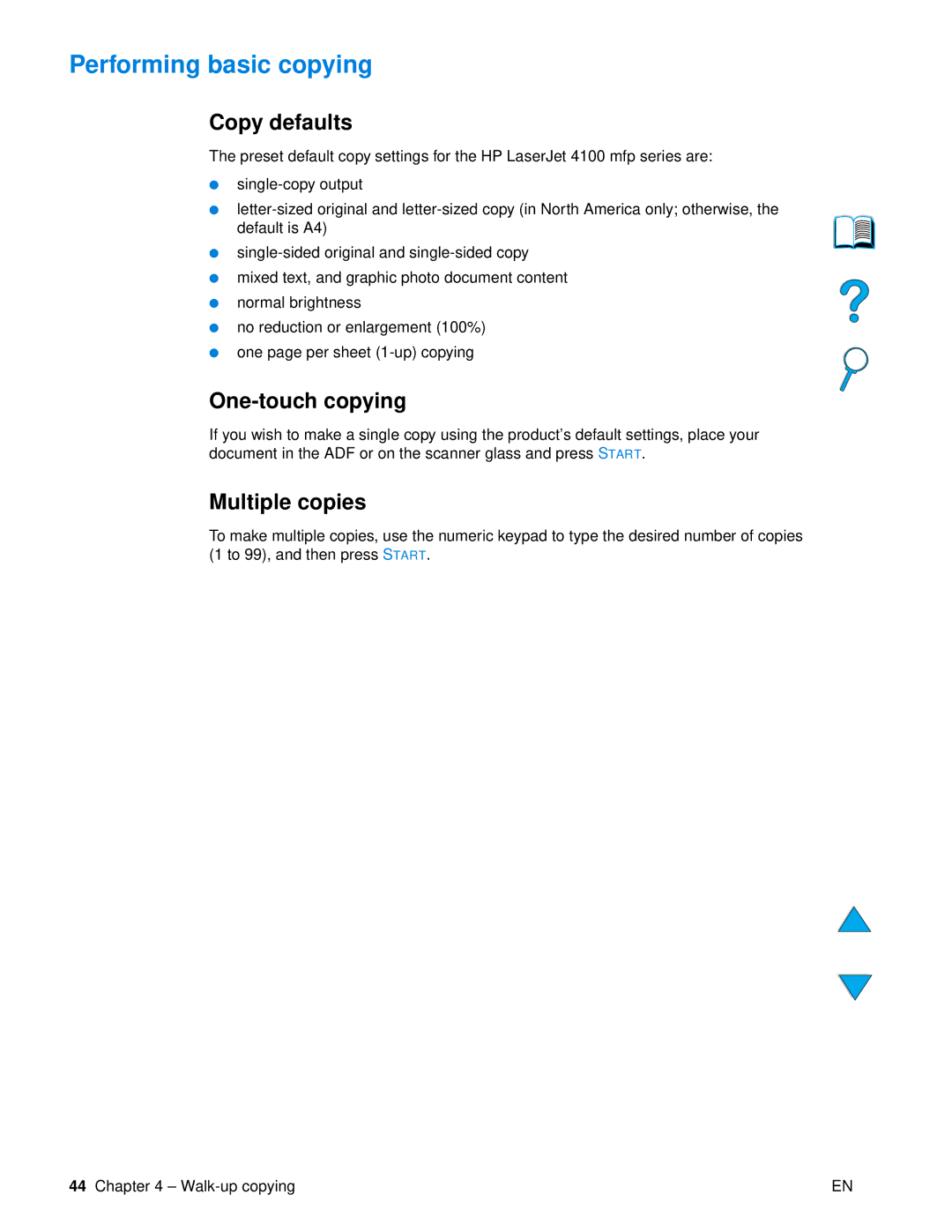 HP 4100 mfp manual Performing basic copying, Copy defaults, One-touch copying, Multiple copies 