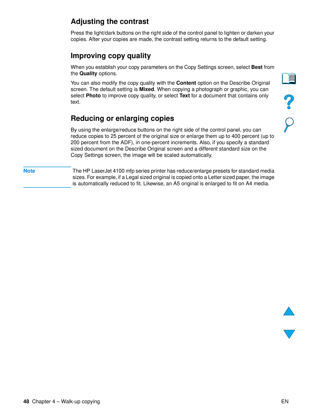 HP 4100 mfp manual Adjusting the contrast, Improving copy quality, Reducing or enlarging copies 