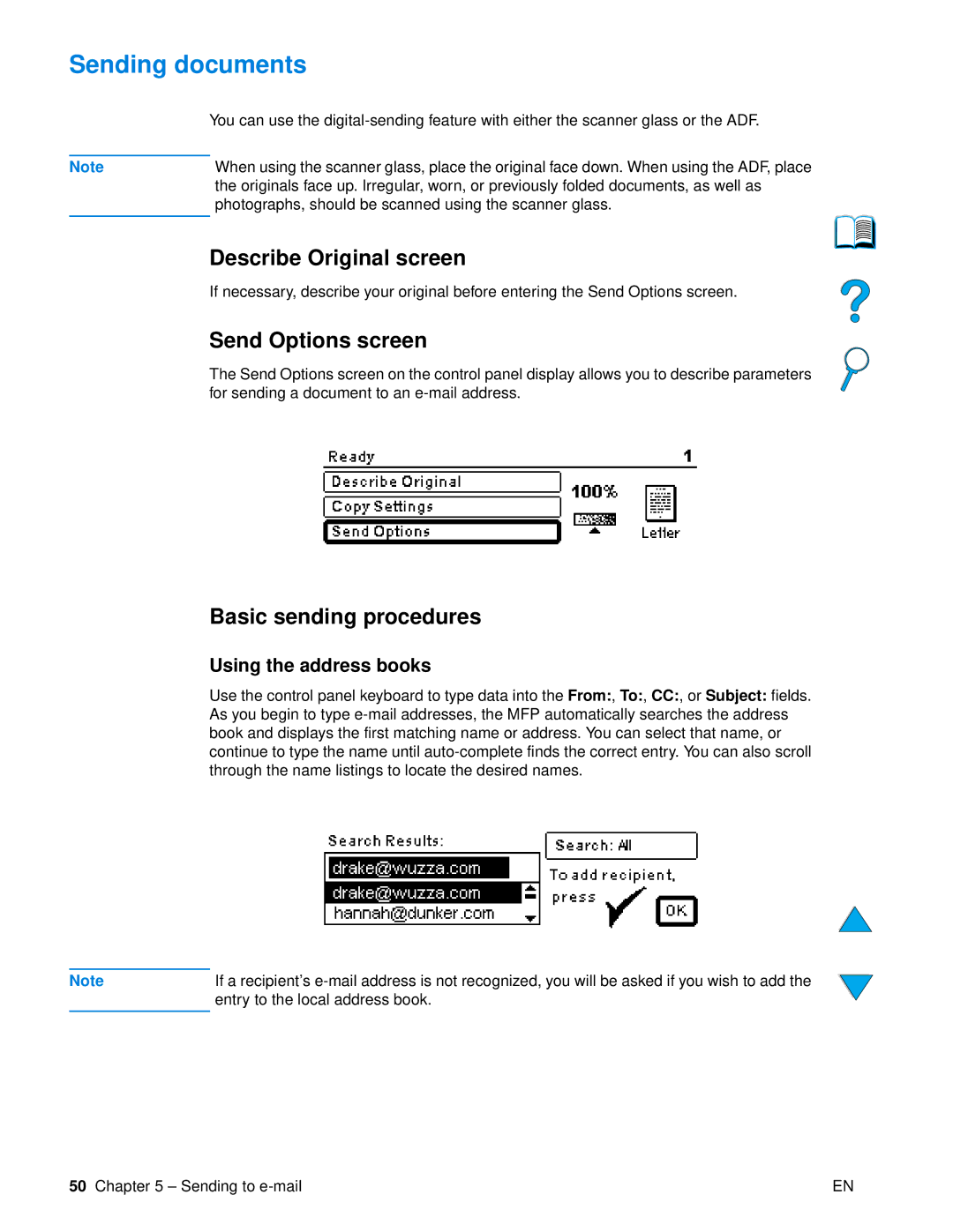 HP 4100 mfp manual Sending documents, Describe Original screen, Send Options screen, Basic sending procedures 