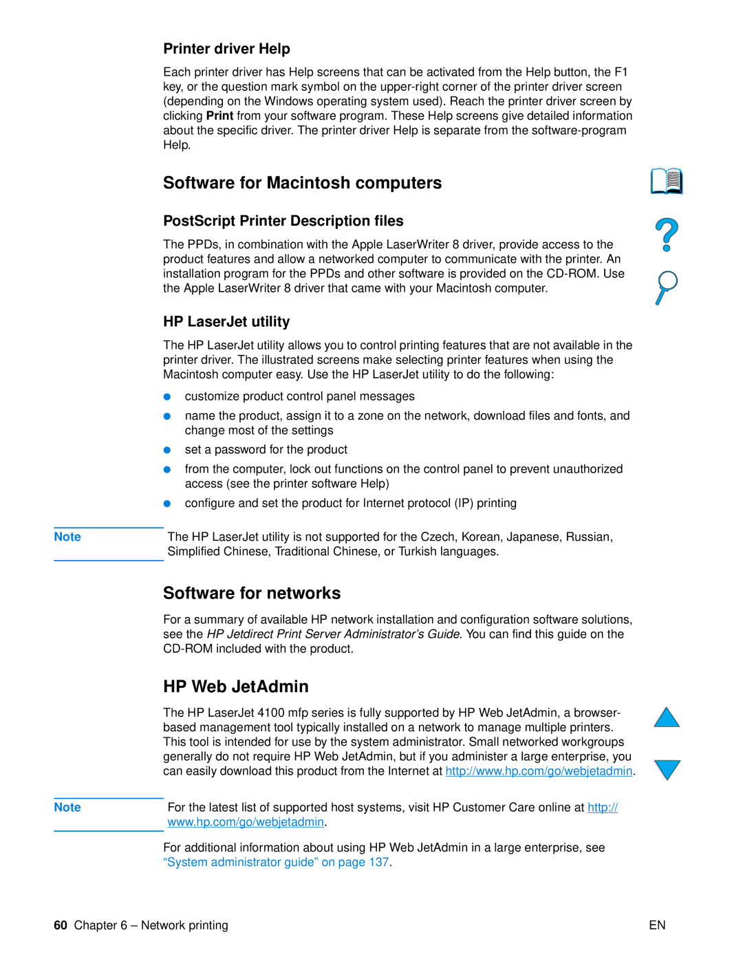 HP 4100 mfp manual Software for Macintosh computers, Software for networks, HP Web JetAdmin 