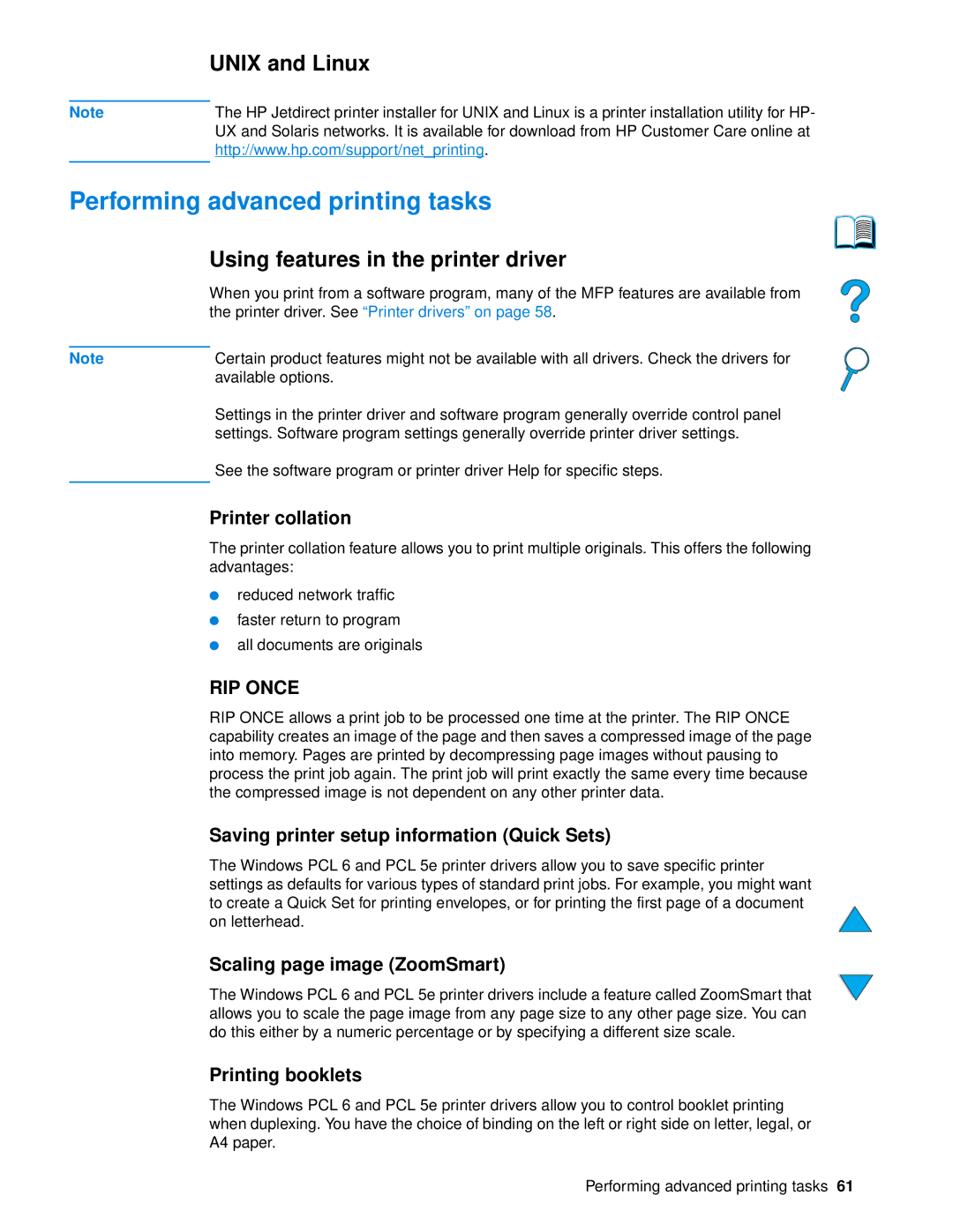 HP 4100 mfp manual Performing advanced printing tasks, Unix and Linux, Using features in the printer driver 