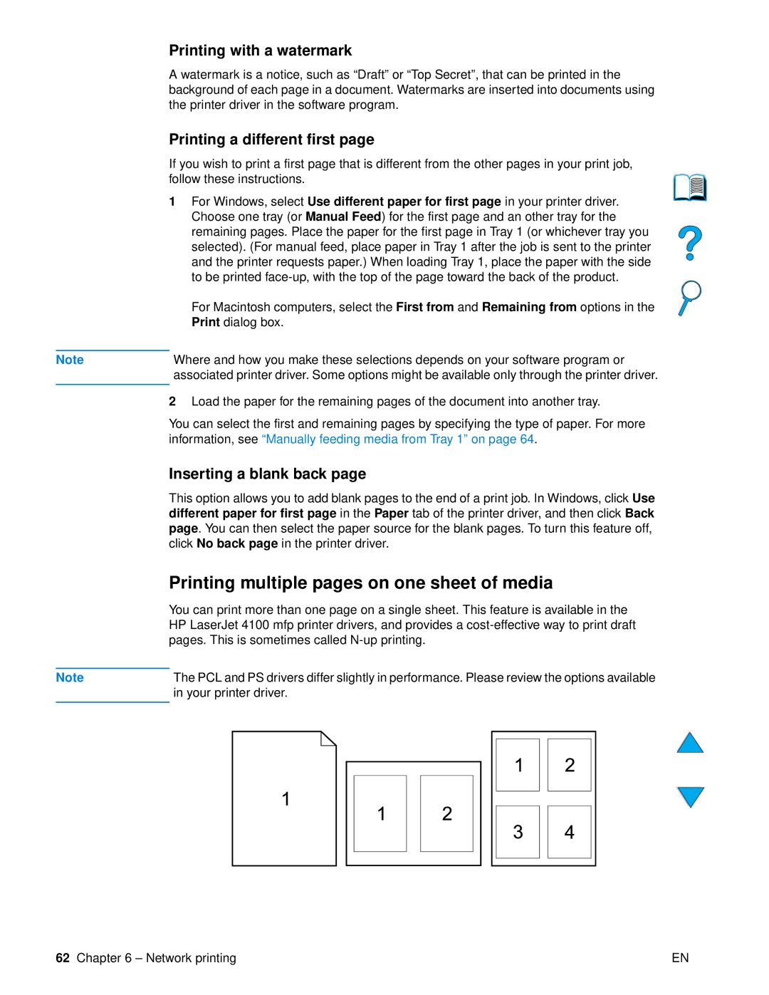 HP 4100 mfp manual Printing multiple pages on one sheet of media, Printing with a watermark Printing a different first 