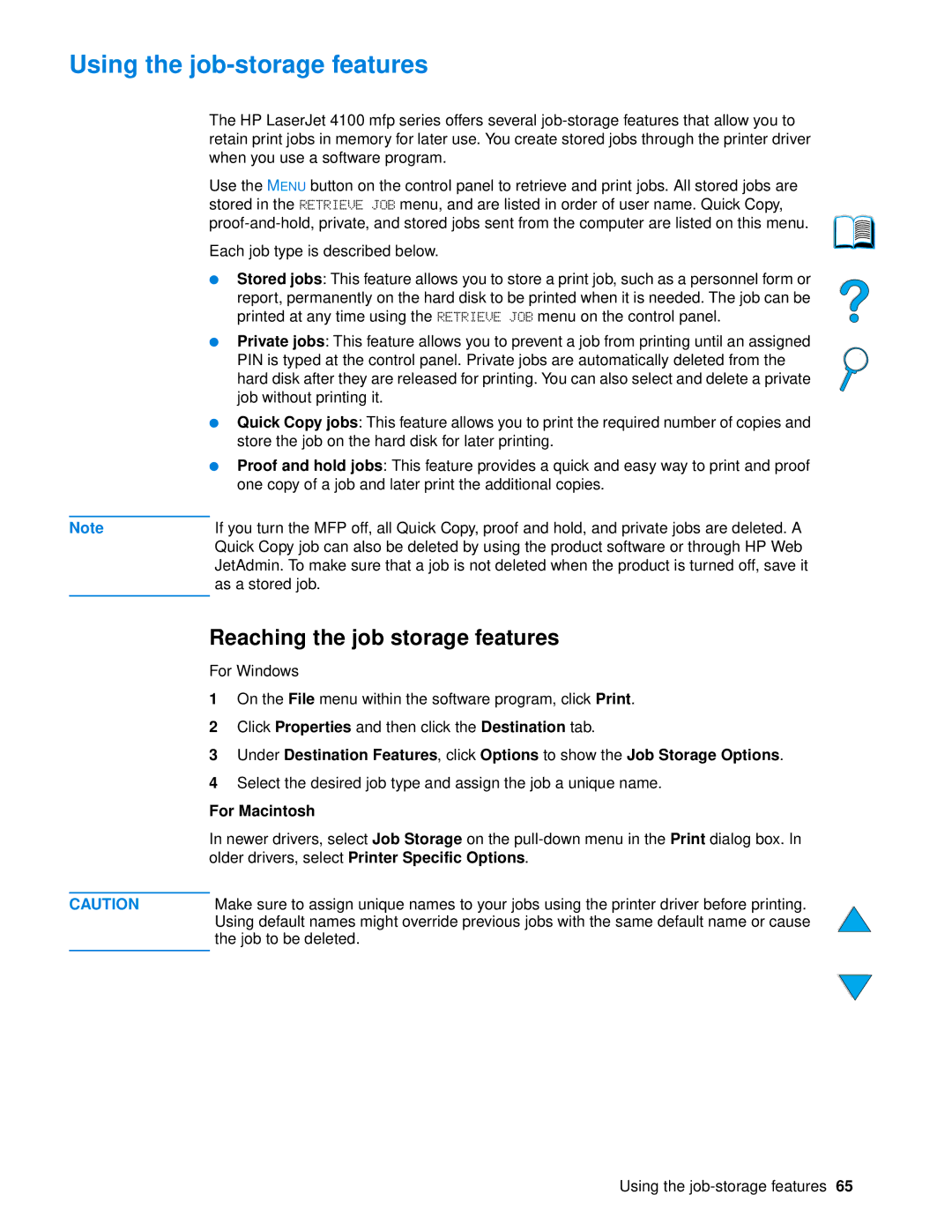 HP 4100 mfp manual Using the job-storage features, Reaching the job storage features, For Macintosh 