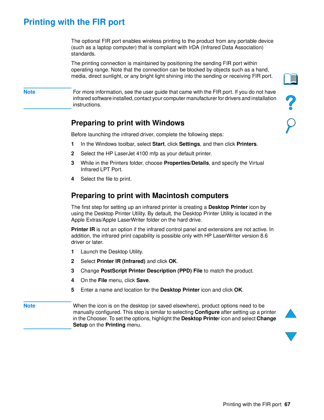 HP 4100 mfp manual Printing with the FIR port, Preparing to print with Windows, Preparing to print with Macintosh computers 