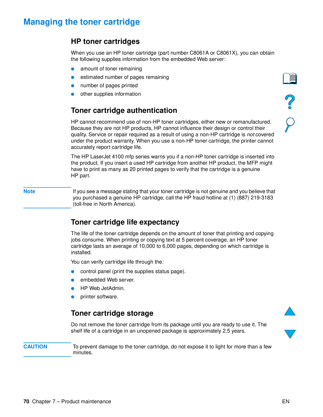 HP 4100 mfp Managing the toner cartridge, HP toner cartridges, Toner cartridge authentication, Toner cartridge storage 