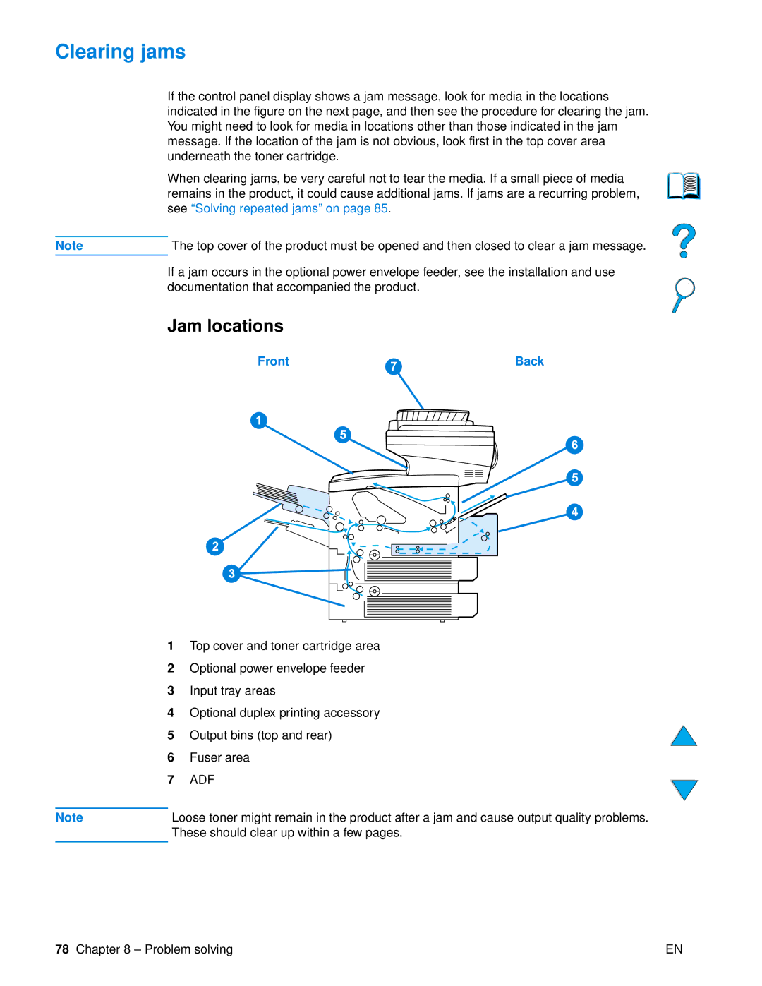 HP 4100 mfp manual Clearing jams, Jam locations 