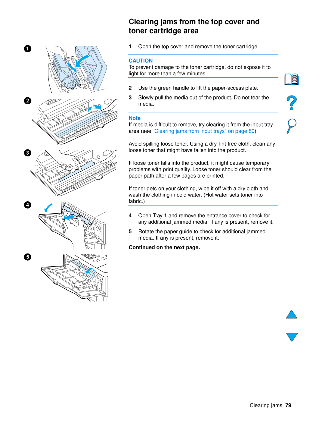 HP 4100 mfp manual Clearing jams from the top cover and toner cartridge area, On the next 