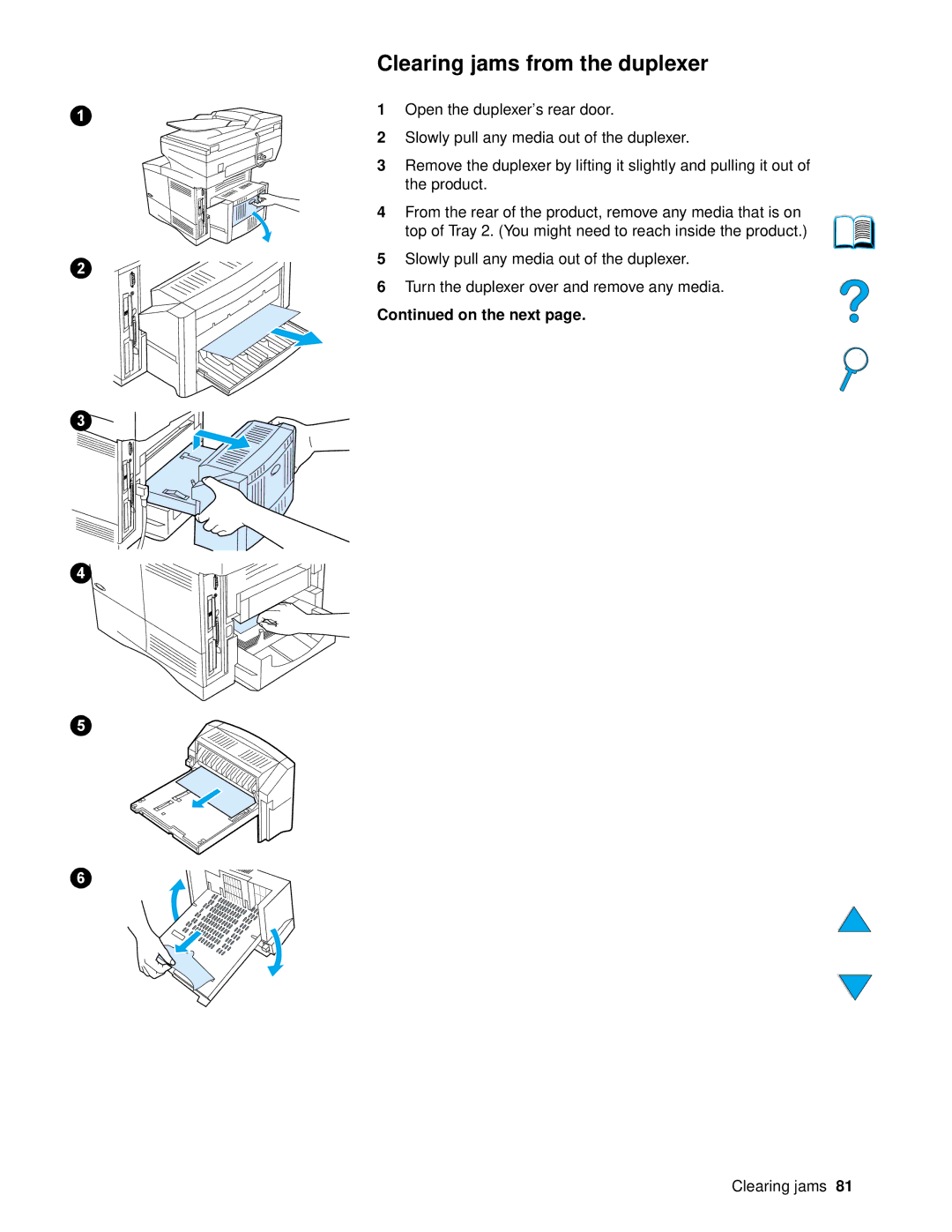 HP 4100 mfp manual Clearing jams from the duplexer 