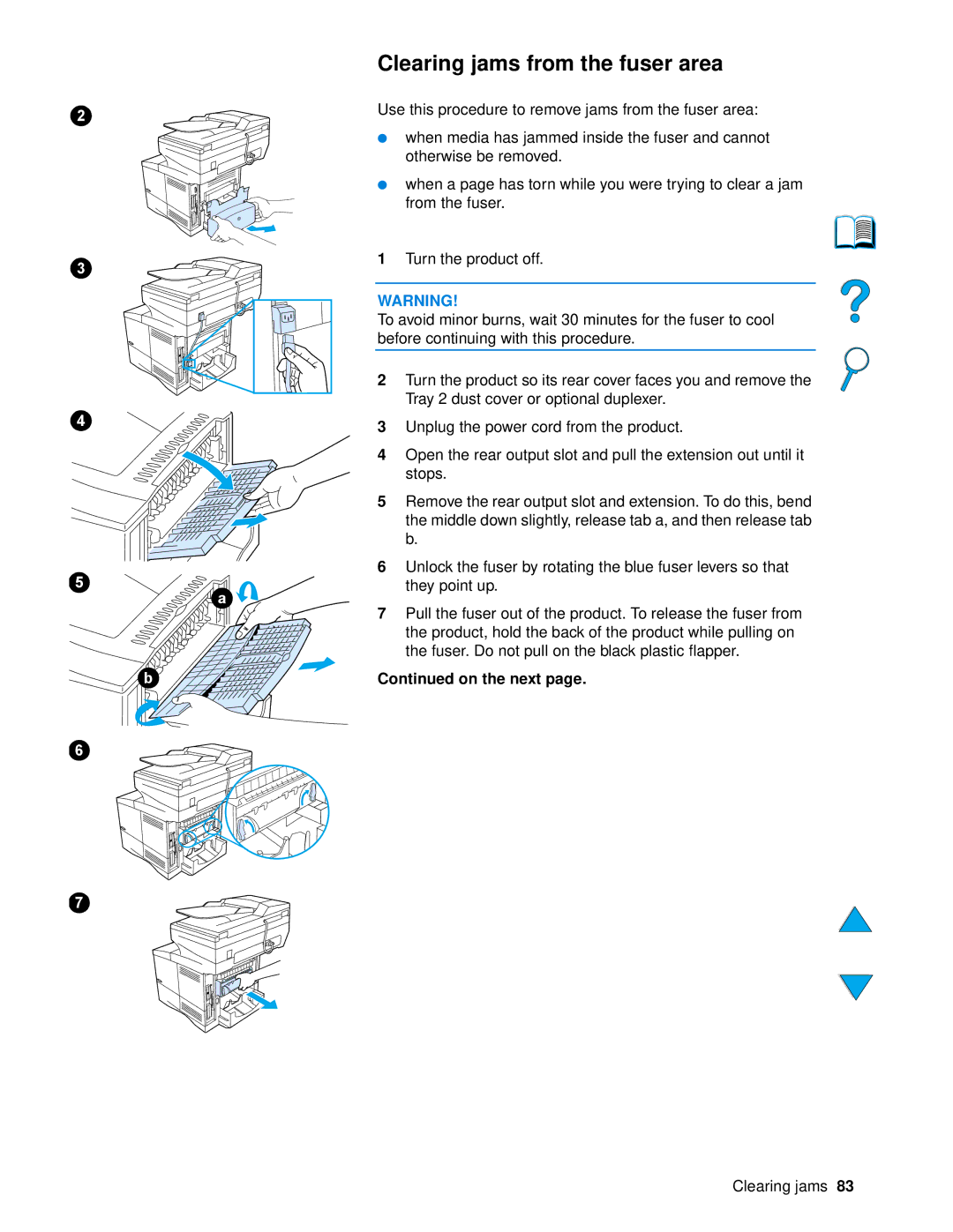 HP 4100 mfp manual Clearing jams from the fuser area 