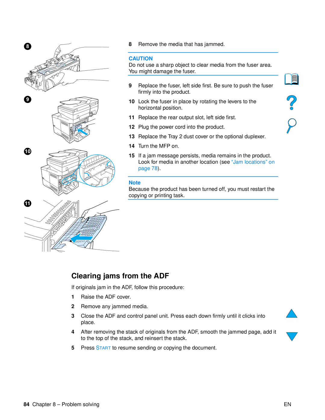 HP 4100 mfp manual Clearing jams from the ADF 