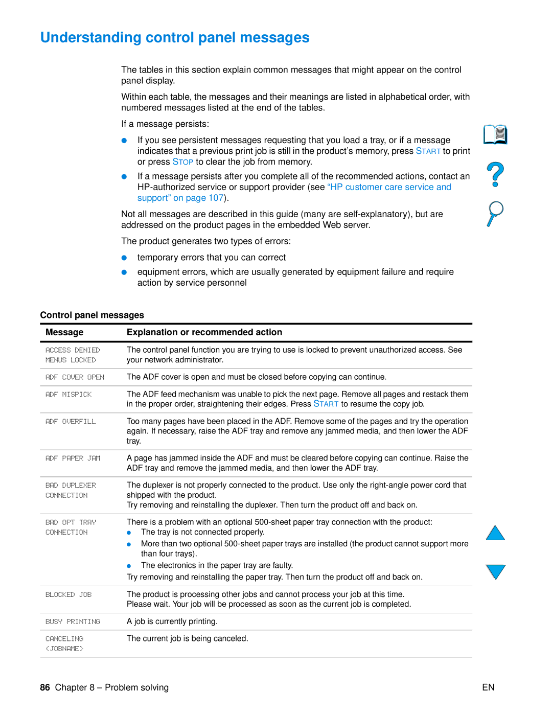 HP 4100 mfp manual Understanding control panel messages, ADF Overfill 