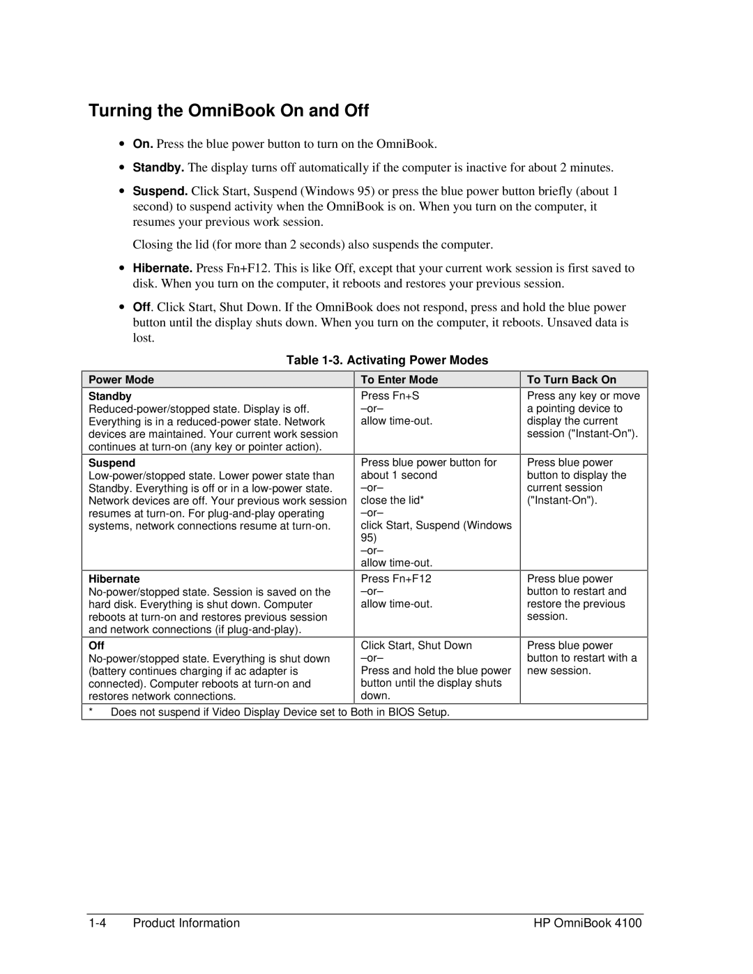 HP 4100 manual Turning the OmniBook On and Off, Activating Power Modes 