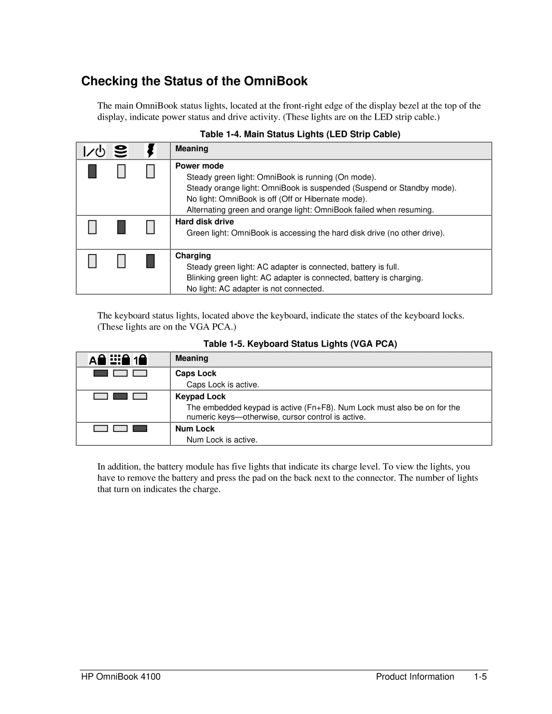 HP 4100 manual Checking the Status of the OmniBook, Main Status Lights LED Strip Cable, Keyboard Status Lights VGA PCA 