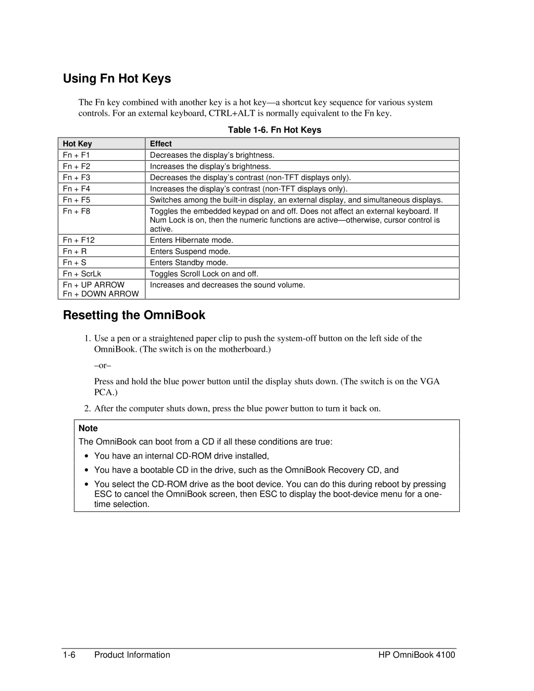 HP 4100 manual Using Fn Hot Keys, Resetting the OmniBook, Effect 