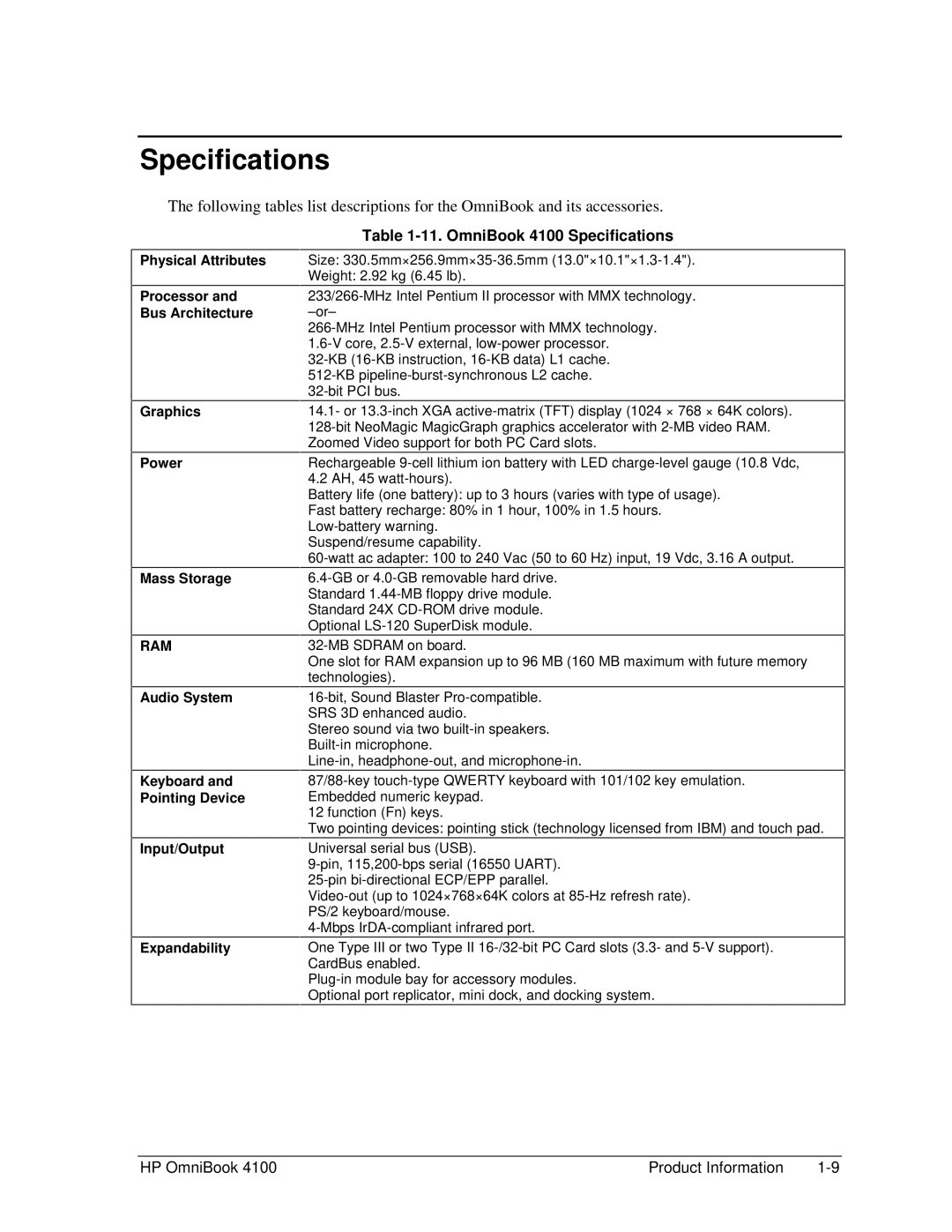 HP manual OmniBook 4100 Specifications 