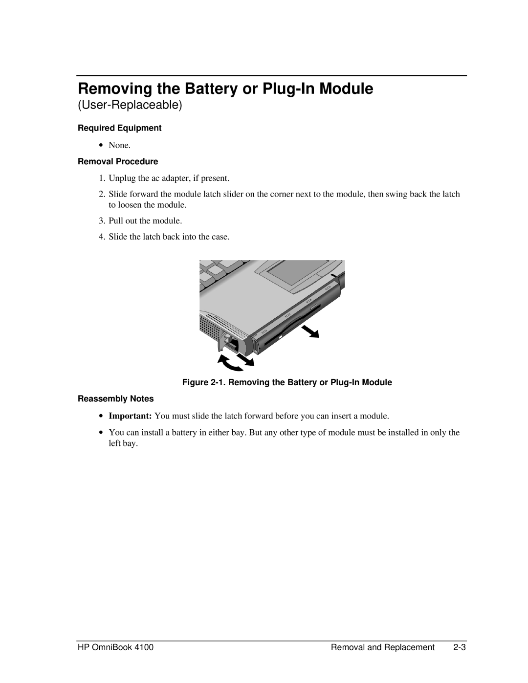 HP 4100 manual Removing the Battery or Plug-In Module, Removal Procedure 