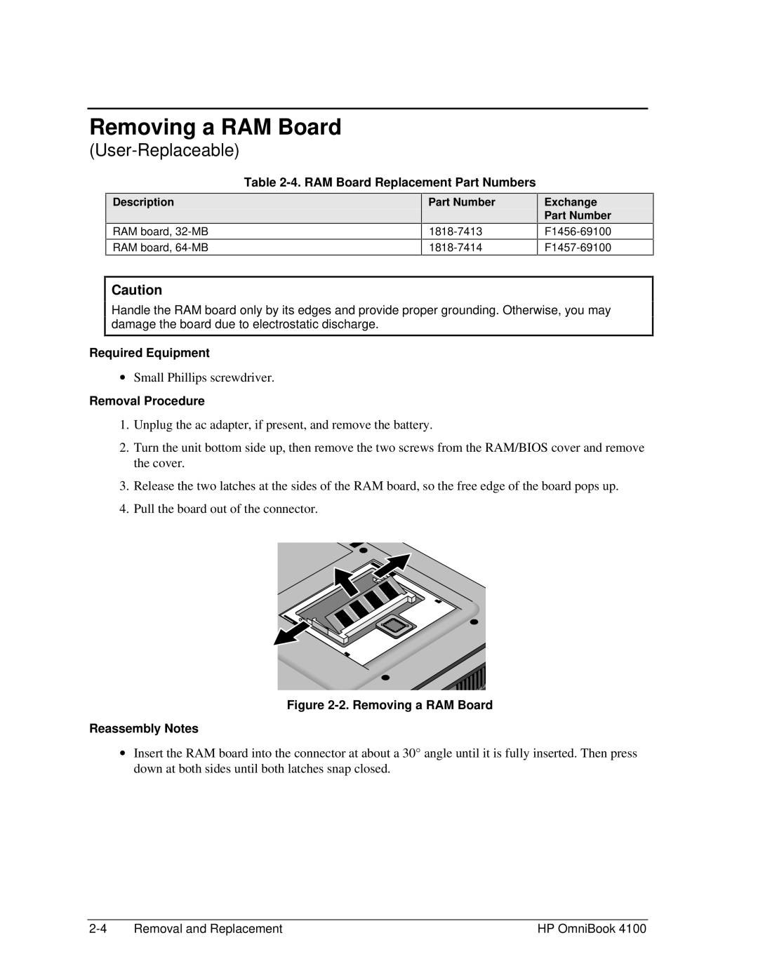 HP 4100 manual Removing a RAM Board, RAM Board Replacement Part Numbers, Description Part Number, Exchange Part Number 