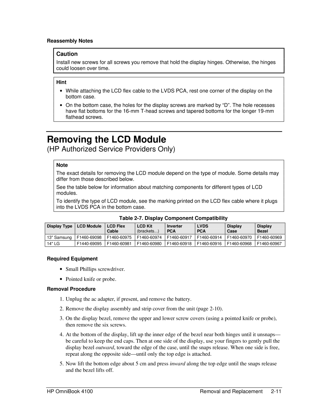 HP 4100 manual Removing the LCD Module, Display Component Compatibility 