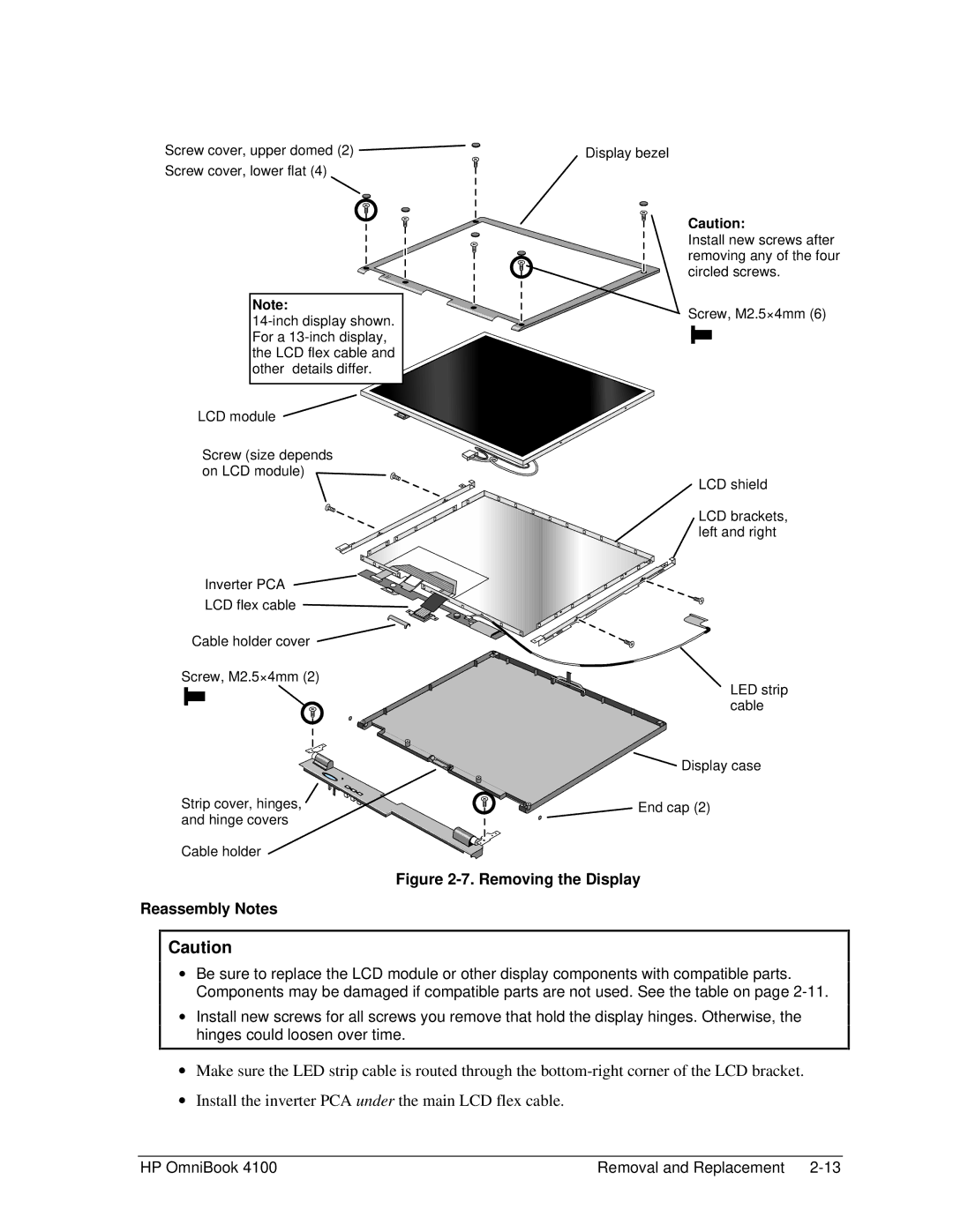 HP 4100 manual Removing the Display Reassembly Notes 