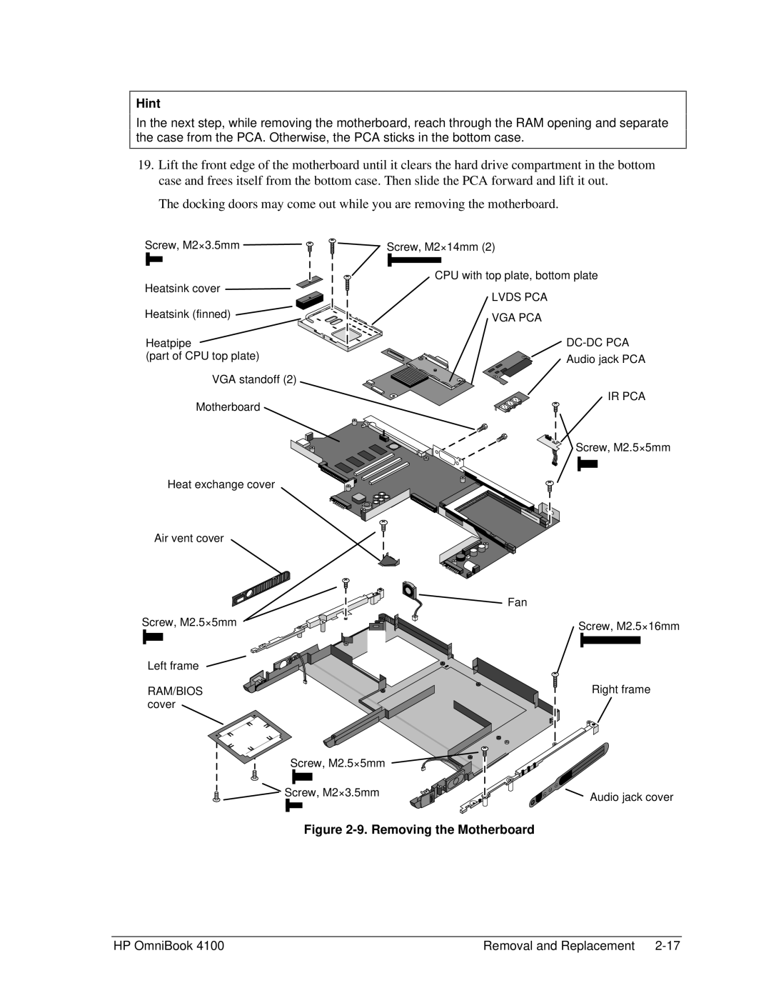 HP 4100 manual Removing the Motherboard 