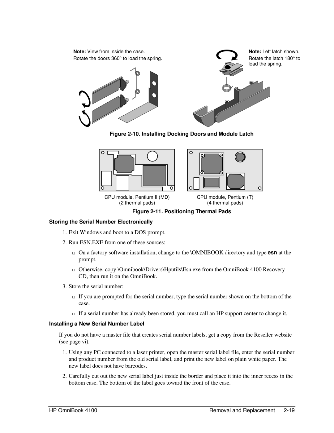 HP 4100 manual Installing Docking Doors and Module Latch, Installing a New Serial Number Label 