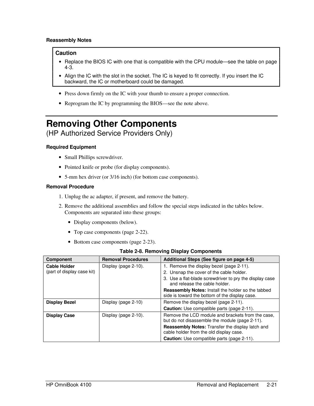 HP 4100 Removing Other Components, Removing Display Components, Component Cable Holder, Additional Steps See figure on 