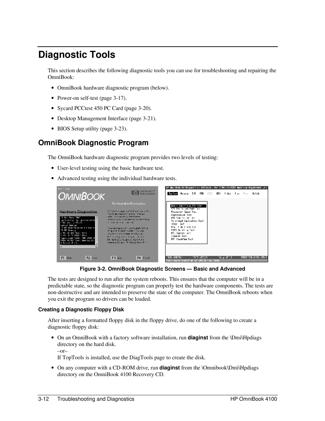 HP 4100 manual Diagnostic Tools, OmniBook Diagnostic Program, Creating a Diagnostic Floppy Disk 